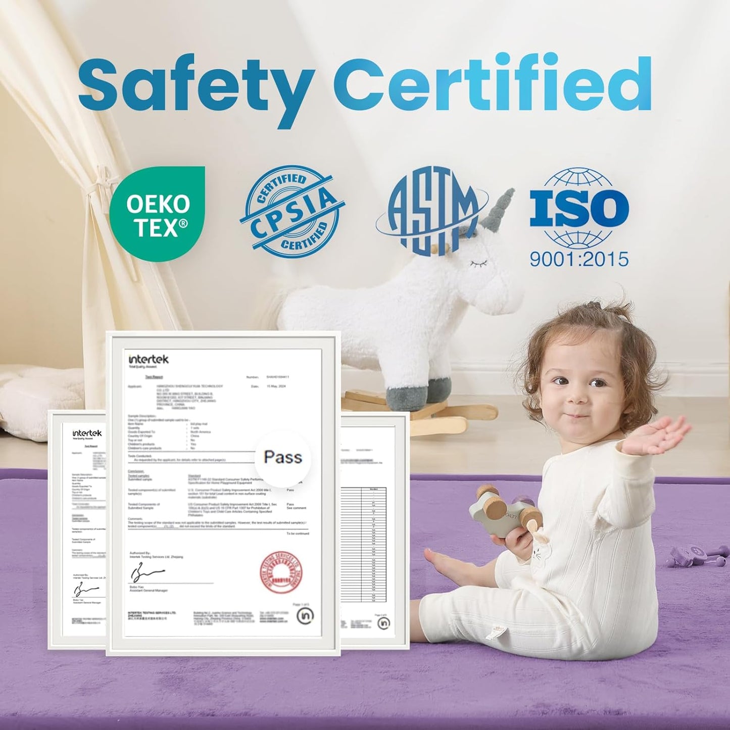 1.3" Thick Baby Play Mat,Ultra Soft Elasti-Foam 50×50 Playpen Mat for Tummy Time,Water-Repellent Coral Fleece Nursery Rug for Infants,Toddlers,Kids,Non-Slip Safe for Crawling(Lavender)