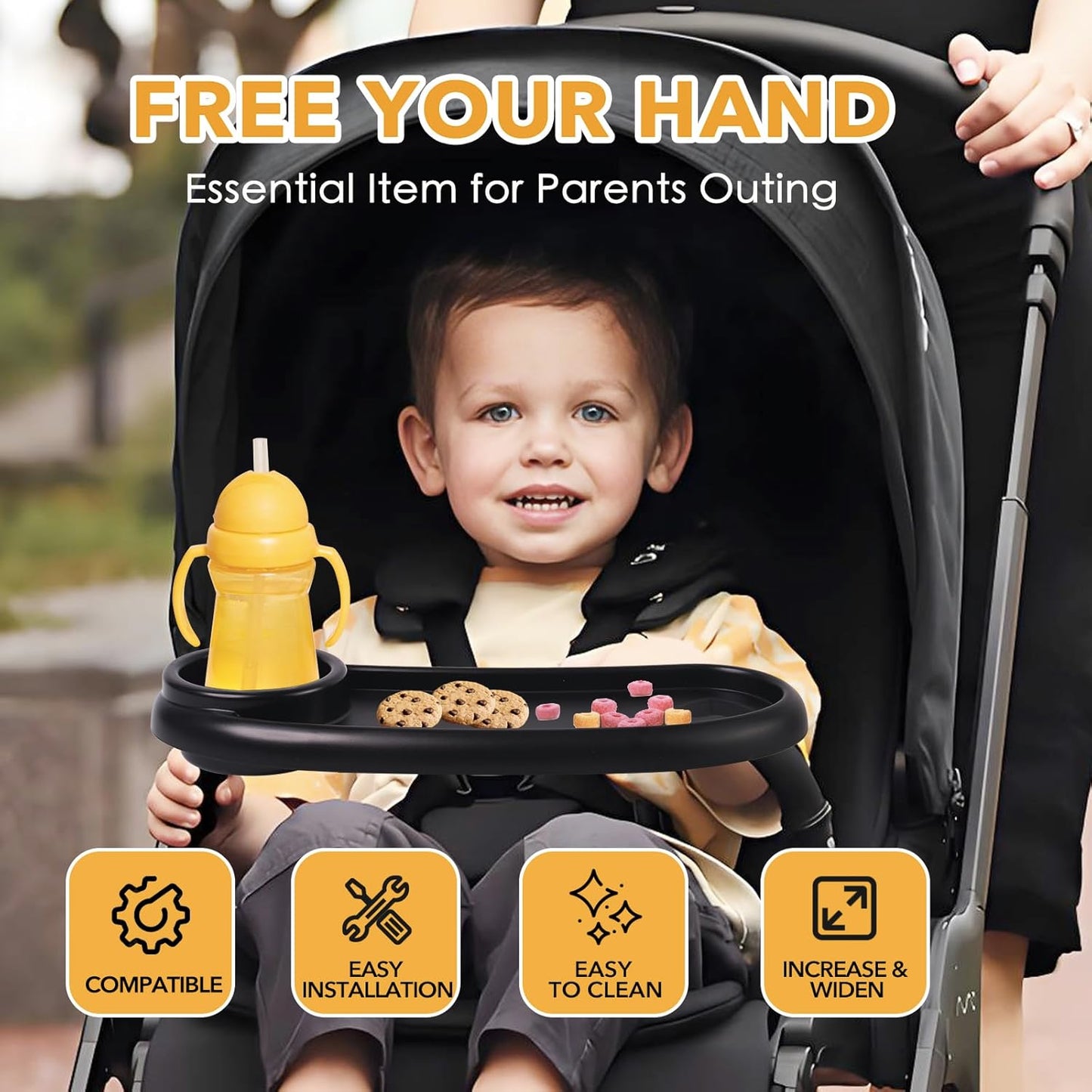 Snack Tray Compatible with Mockingbird,Nuna,Evenflo Stroller,Adjustable Stroller Snack Tray with Cup Holder and Phone Holder, Stroller Accessories Black