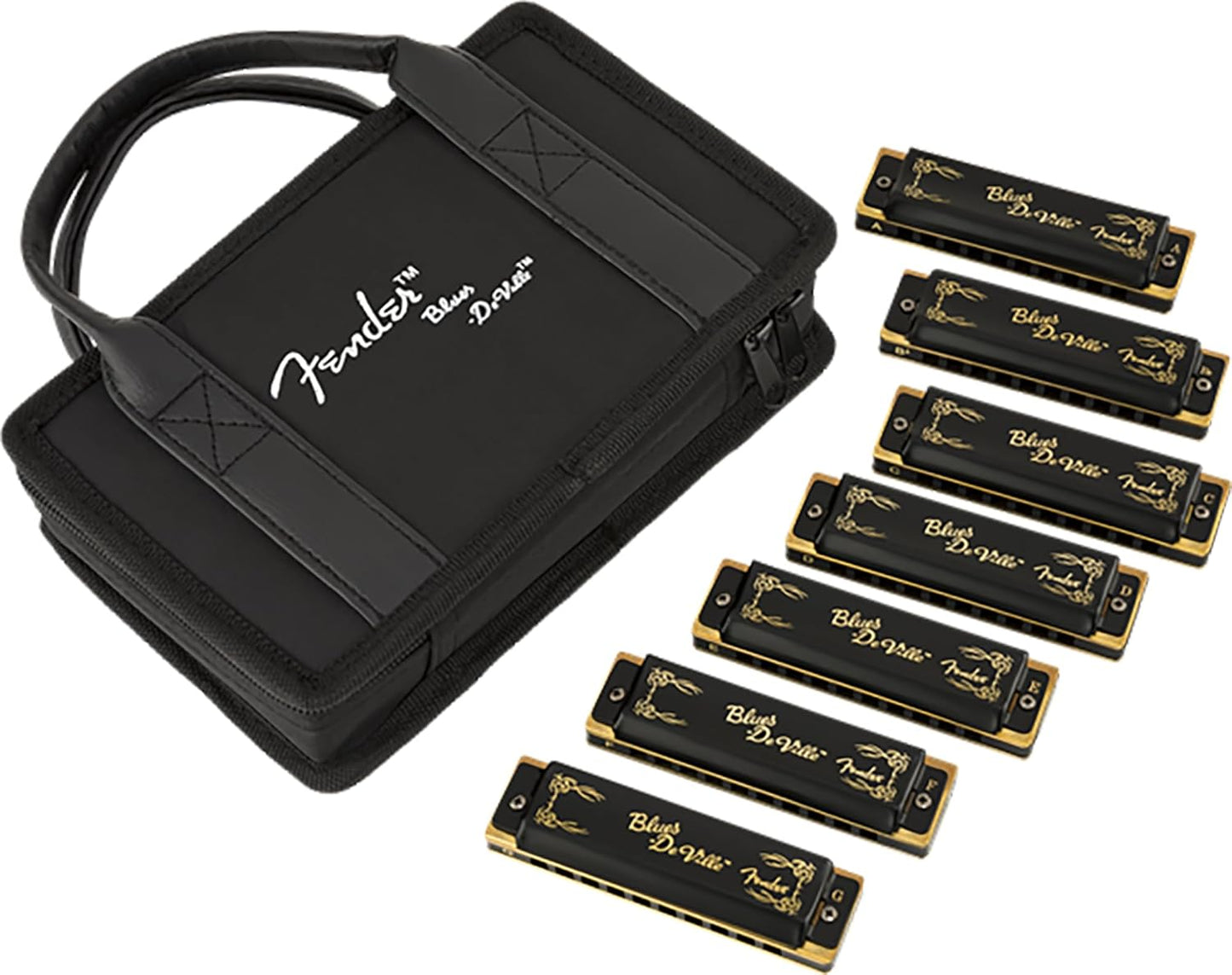 Fender Blues DeVille Harmonica - 7 Pack Bundle with Case, Austin Bazaar Instructional Manual, and Polishing Cloth