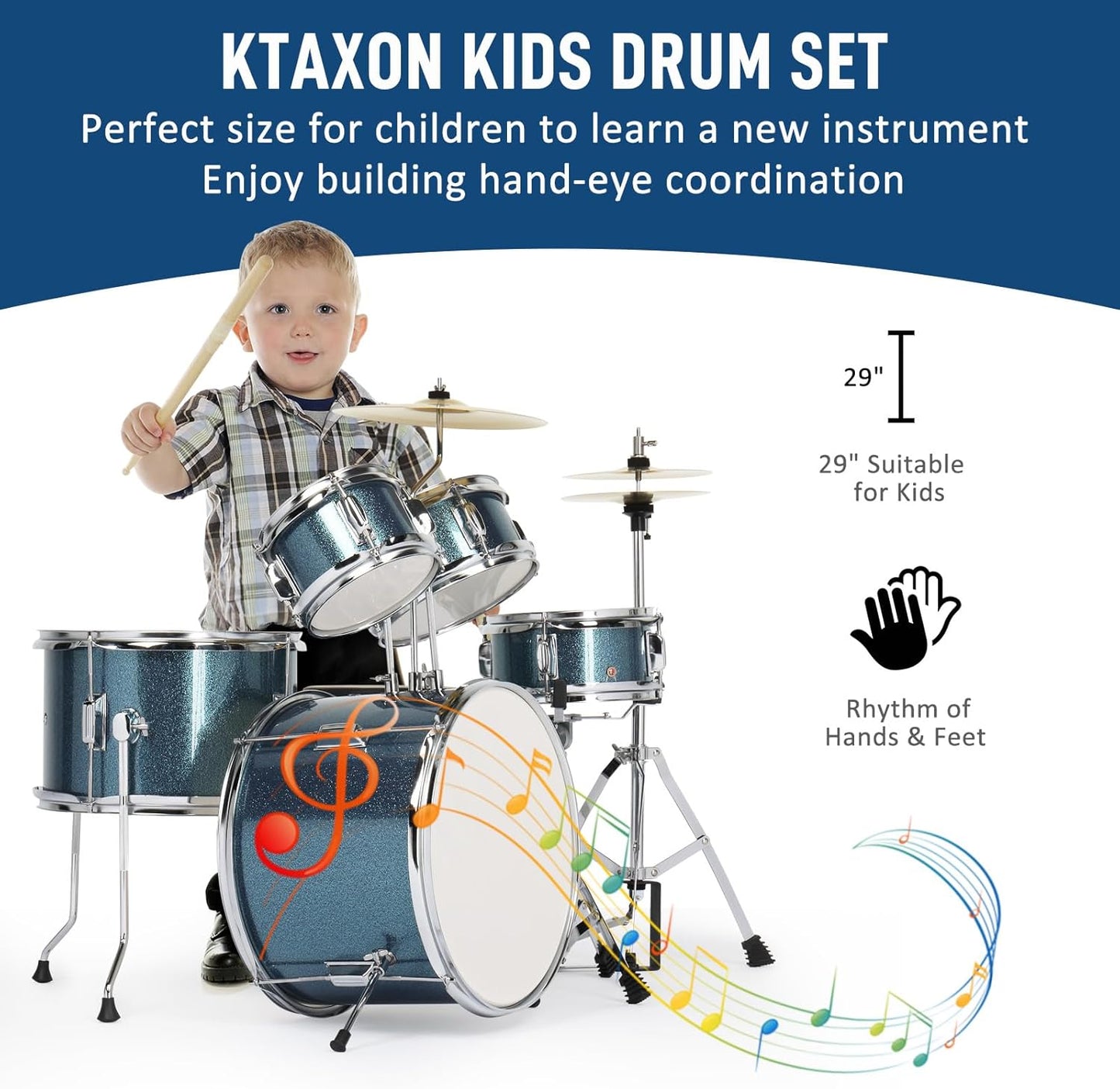 Ktaxon 5-Piece Complete Junior Drums Set, 14 Inch Beginners Drum Kit with Throne Stool, Pedal & Drumsticks, Kids Drums Musical Instruments W/Cymbal, Hi-Hat, Floor, Tom and Snare Drum (Blue)