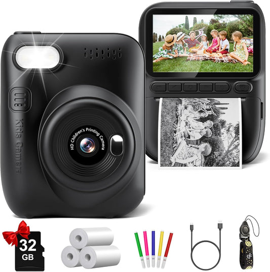 Instant Print Camera for Kids, 3.0" HD 1080P Digital Video Cameras with 3 Rolls of Printer Paper for Toddler, Birthday Gifts Toy for Girls Boys with 32GB SD Card (3.0 Style, Black)