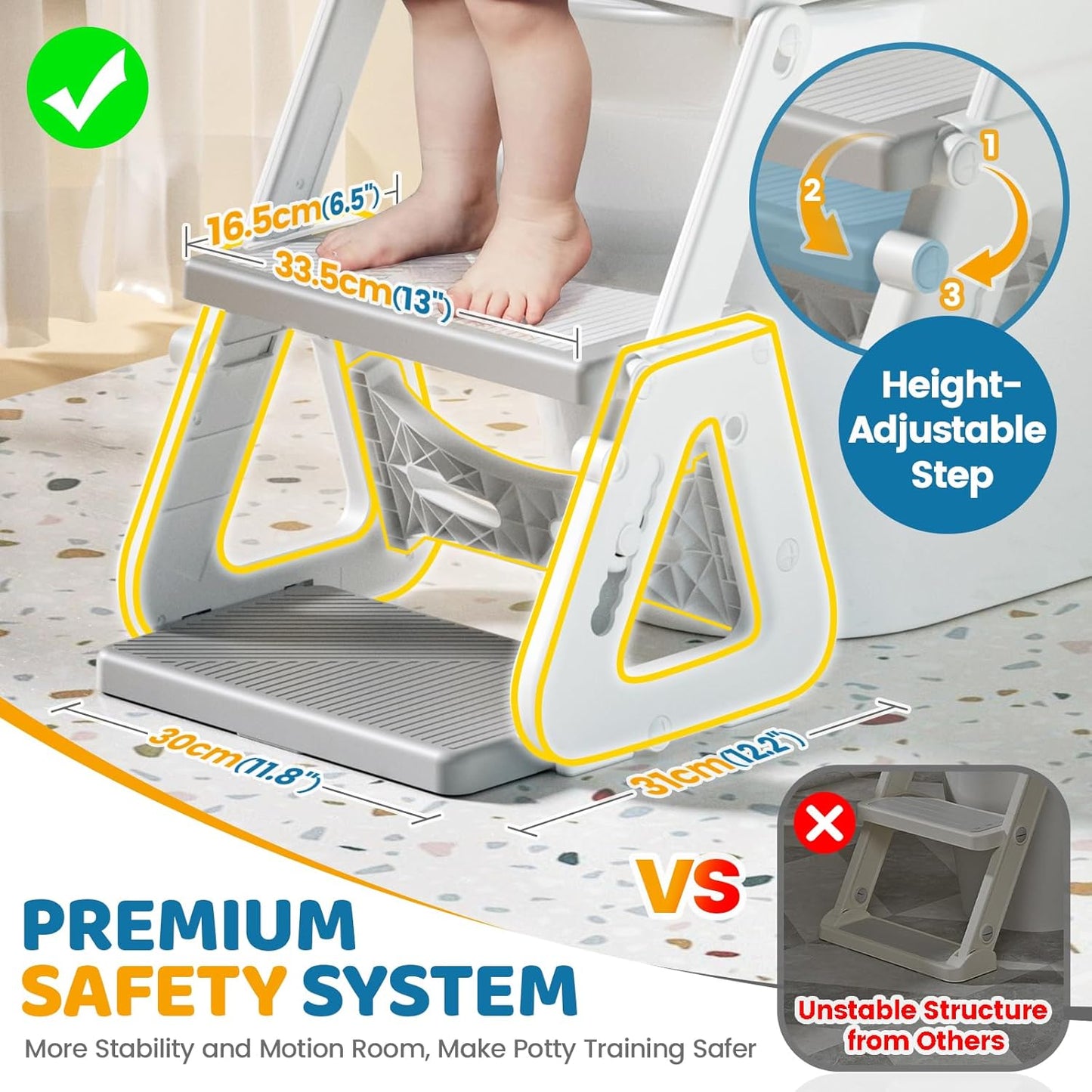 Orzbow 2-IN-1 Potty Training Toilet Seat with Step Stool for Toddler, Stability Training Potty Seat for Kids Boys Girls with Splash Guard and Anti-Slip Pad, Adjustable Ladder & Potty Seat Height, Grey