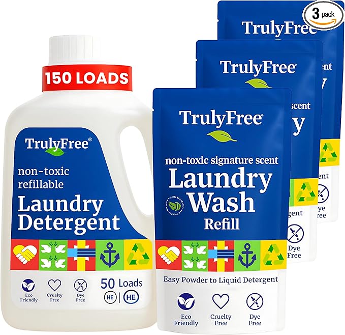 Natural Laundry Detergent for Sensitive Skin | Eco Friendly, Plant Based, Baby Clothes Safe | Clean & Easy Powder to Liquid, 3 Pack Detergent + 1 Refillable Jug | Signature Scent 150 Loads