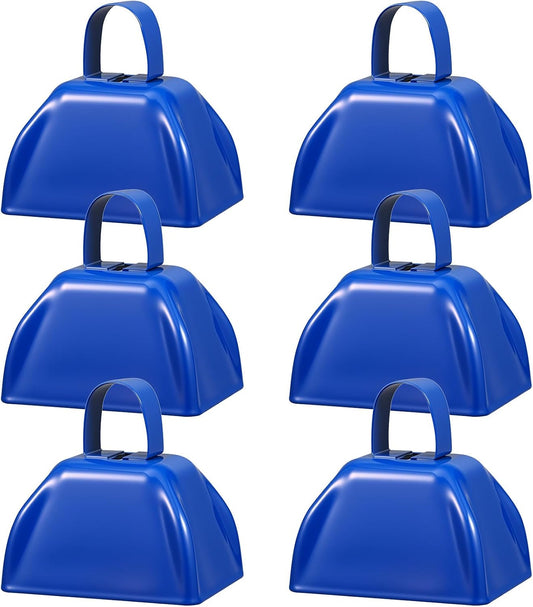 6 Pcs 3 Inch Metal Cowbells Noise Maker Hand Percussion Cow Bells with Handles for Sporting Events Cheering Noisemakers Weddings Team Spirit Sports Party Favors (Blue)