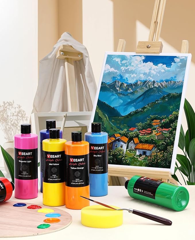 Acrylic Paint Set, 12 Colors Acrylic Paint Large Bottle Set, 16OZ Each, Rich Pigmented Canvas Paint, Premium Non-toxic Paints for Artists, Acrylic Paint Set for Kids & Adults, Art Supplies for Canvas