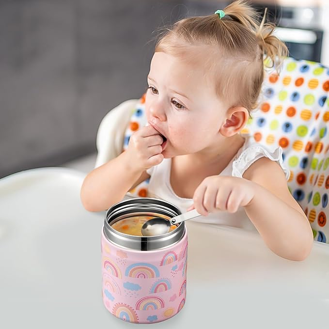 17oz Soup Thermo for Hot Food Kids Insulated Vacuum Food Jar with Stainless Steel Spoon Wide Mouth Thermo Leakproof Lunch Food Container Kids Hot Lunch Box (Pink-Rainbow)