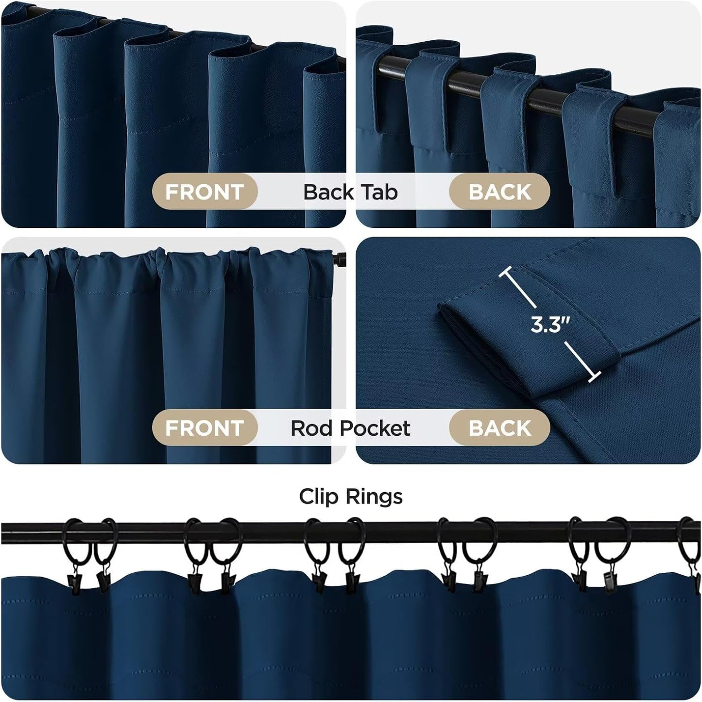 Joydeco 72 Inch Blackout Curtains for Bedroom, Thermal Insulated Black Out Curtains 2 Panels Set, Room Darkening Drapes for Living Room Window Rod Pocket Back Tab (W52 x L72 Inch, Navy Blue)