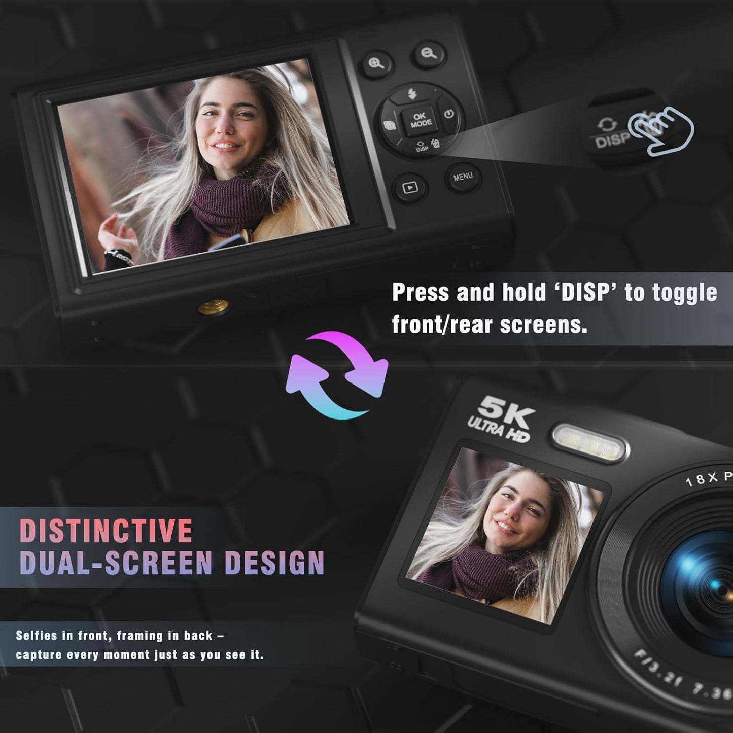 5K Digital Camera, Dual Screens Camera with 18X Digital Zoom, Compact Vlogging Camera for Teens, Beginner-Friendly Gift Pack, 32GB Card & 2 Batteries, Black