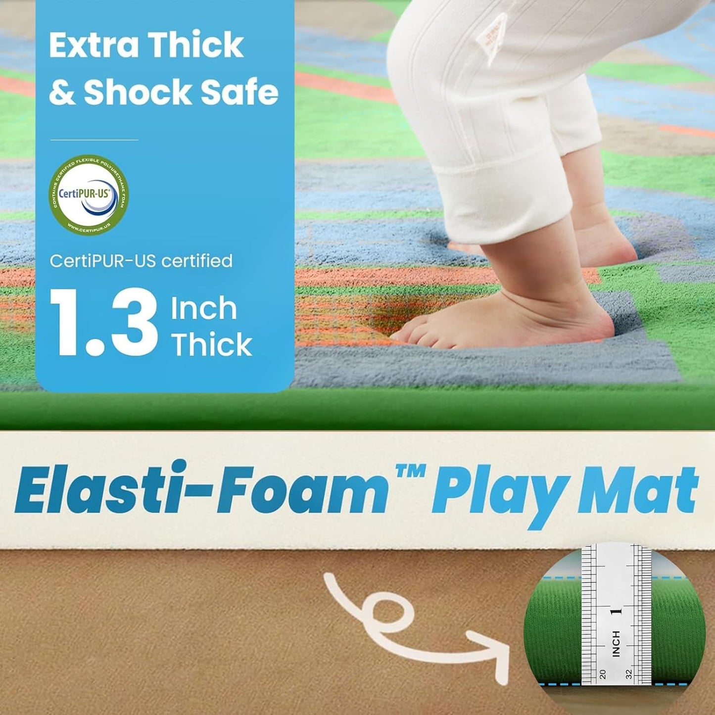 Kids Play Rug with Roads, 79"×118" Large Floor Mat Toy Cars Race Track for Classroom 1.3" Thickened Elasti-Foam Activity Education Baby Play Mat with Anti-Slip Backing