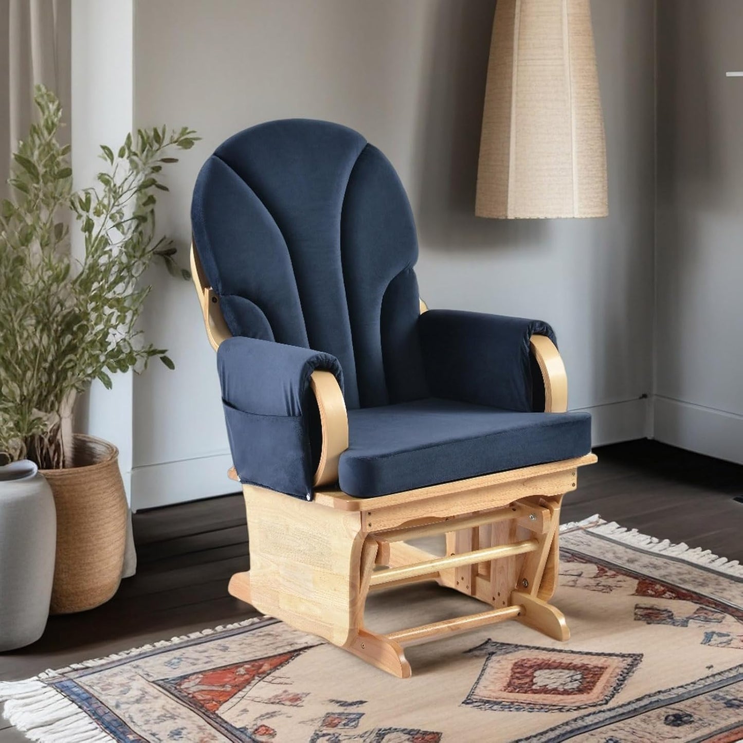 Wood Base Glider Rocker Chair, Baby Feeding and Rocking Chair Nursery Rocking Chairs with Silent Swing Solid Hardwood Base for Nursery, Living Room, Bedroom, Classroom(Navy Blue)