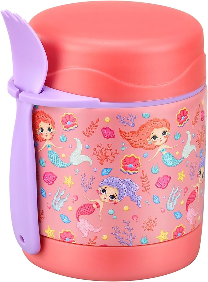 10oz Soup Thermo for Hot Food Kids,Lunch Thermo Kids Food Jar with Spoon Hot Insulated Food Containers,Leak Proof Stainless Steel Wide Mouth Lunch Food Thermo Jar for School(Pink-Mermaid)