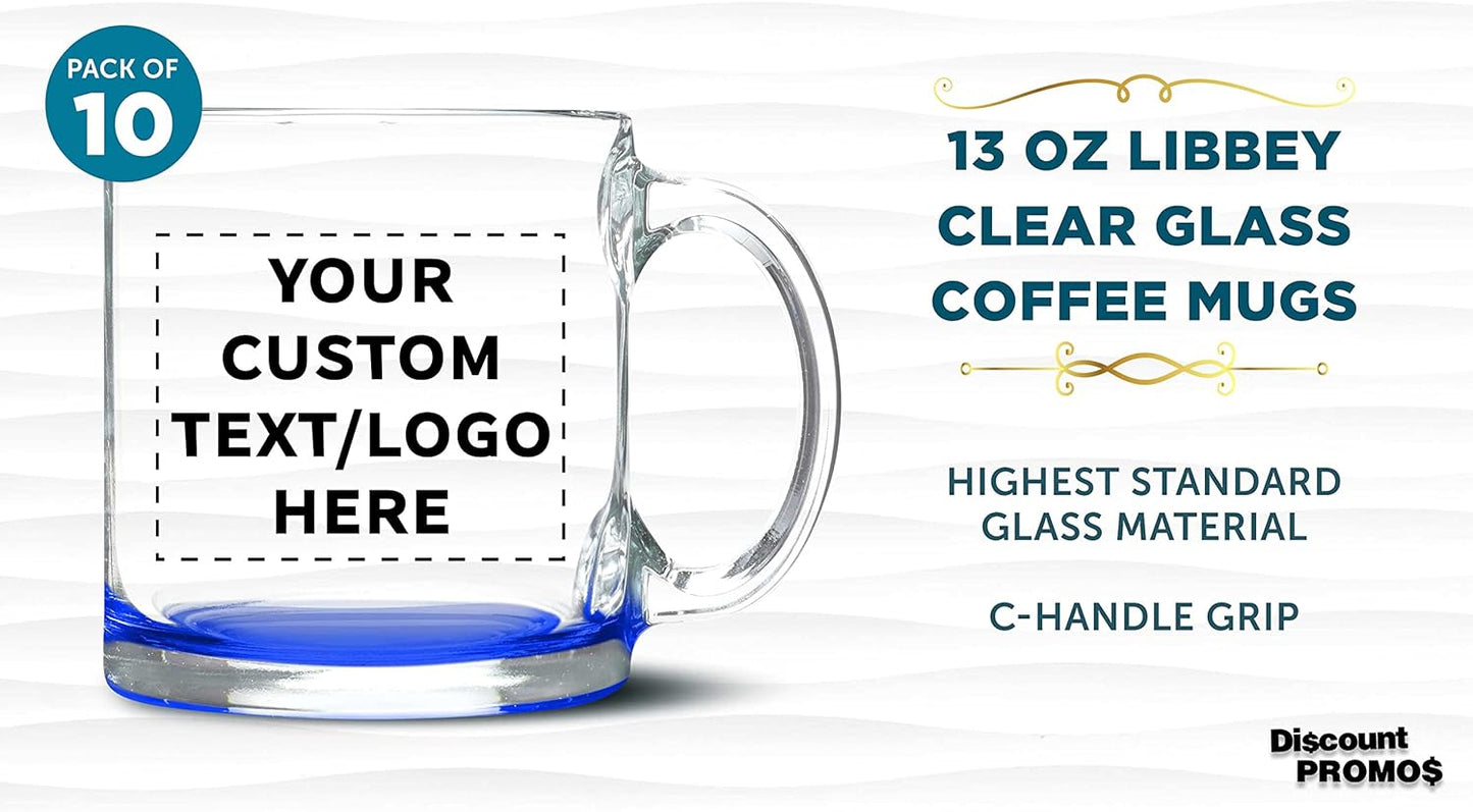 Custom Libbey Clear Glass Coffee Mugs 13 oz. Set of 10, Personalized Bulk Pack - Perfect for Coffee, Tea, Espresso, Hot Cocoa, Other Beverages - Blue Bottom
