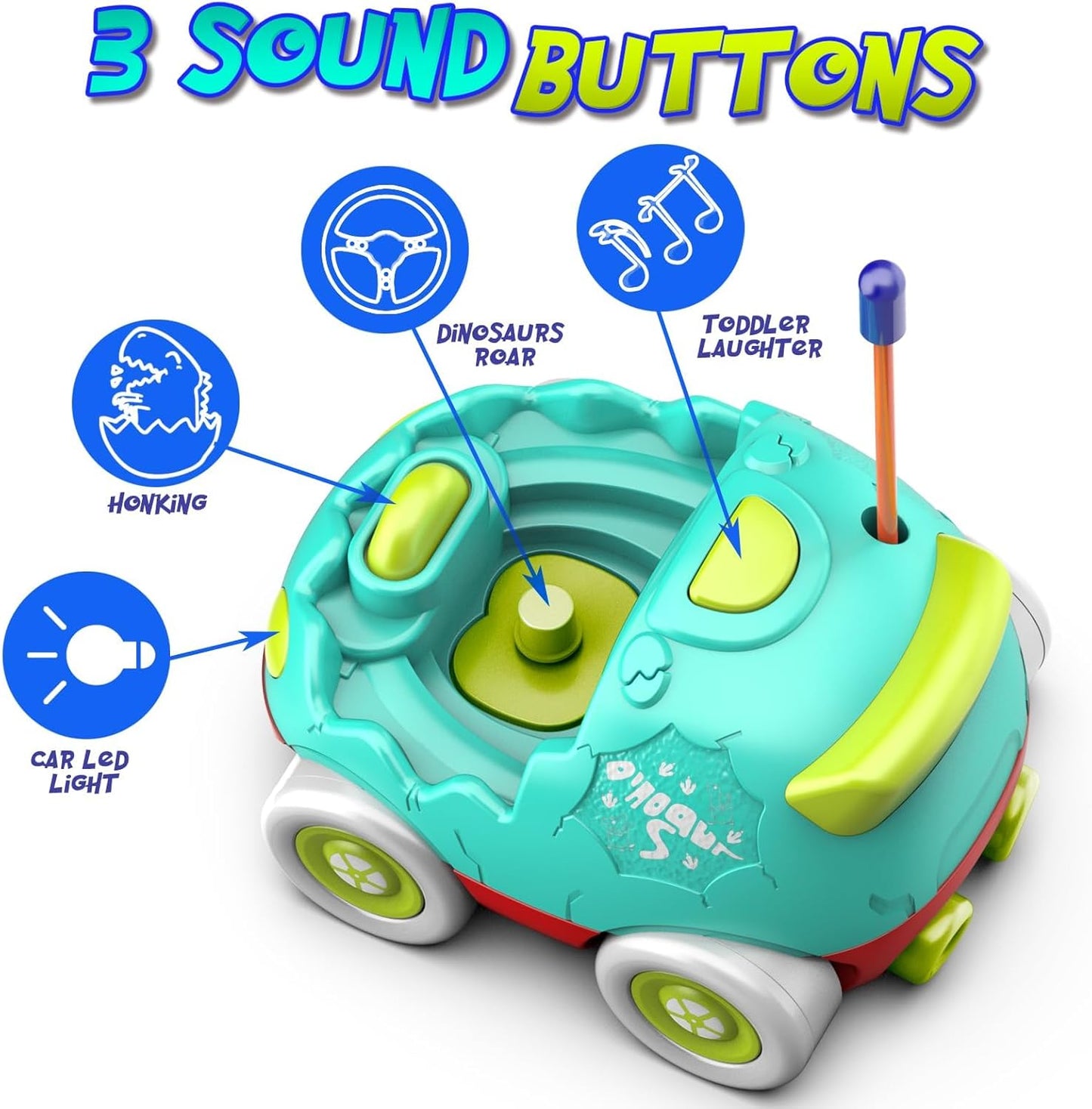 Remote Control Car for Toddlers Toddler Toys for 18+Months RC Cars with LED Lights & Music Dinosaur Toy for Kids Green