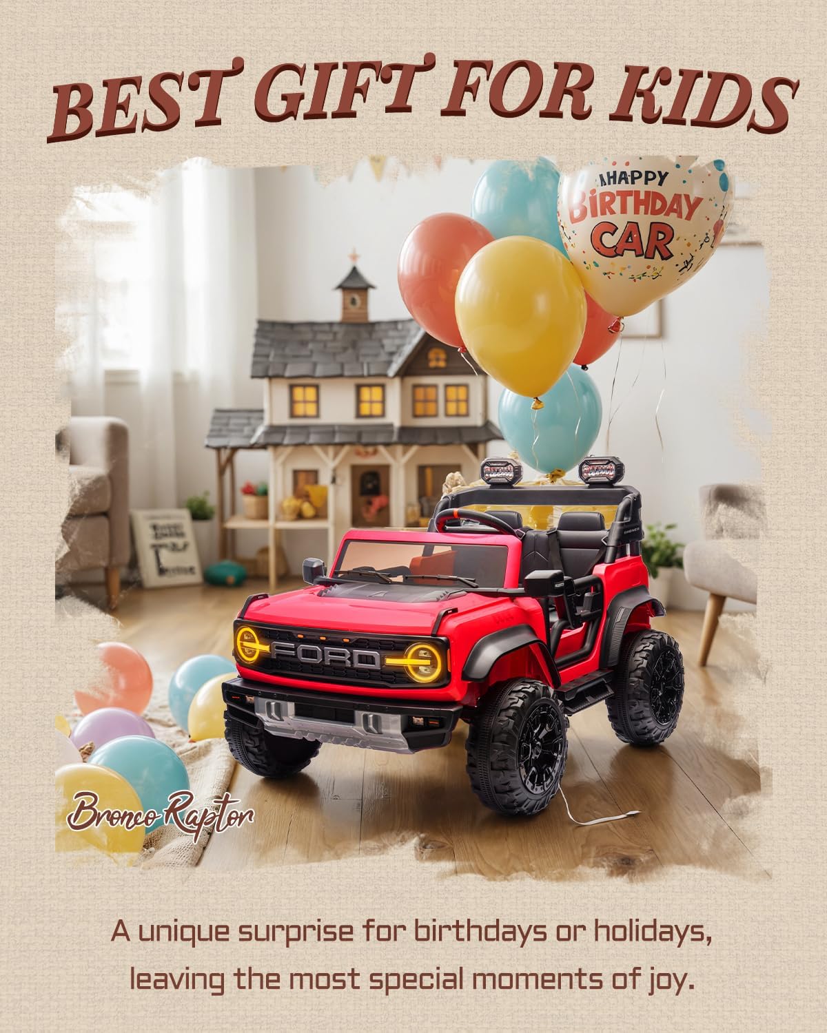 Ford Bronco 24V Ride on Toys for Boys & Girls, 2 Seater Kids Electric Car with Remote Control, Kids Ride on Truck with 4 Wheels Suspension, Led Lights, Safety Belt (24V, Red)