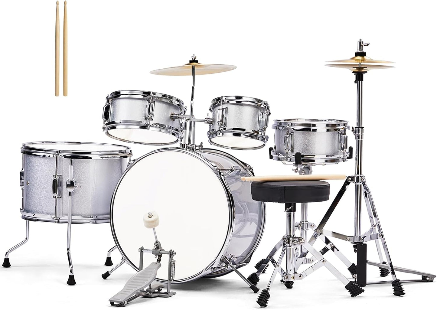 Ktaxon 5-Piece Complete Junior Drums Set, 14 Inch Beginners Drum Kit with Throne Stool, Pedal & Drumsticks, Kids Drums Musical Instruments W/Cymbal, Hi-Hat, Floor, Tom and Snare Drum (Silver)