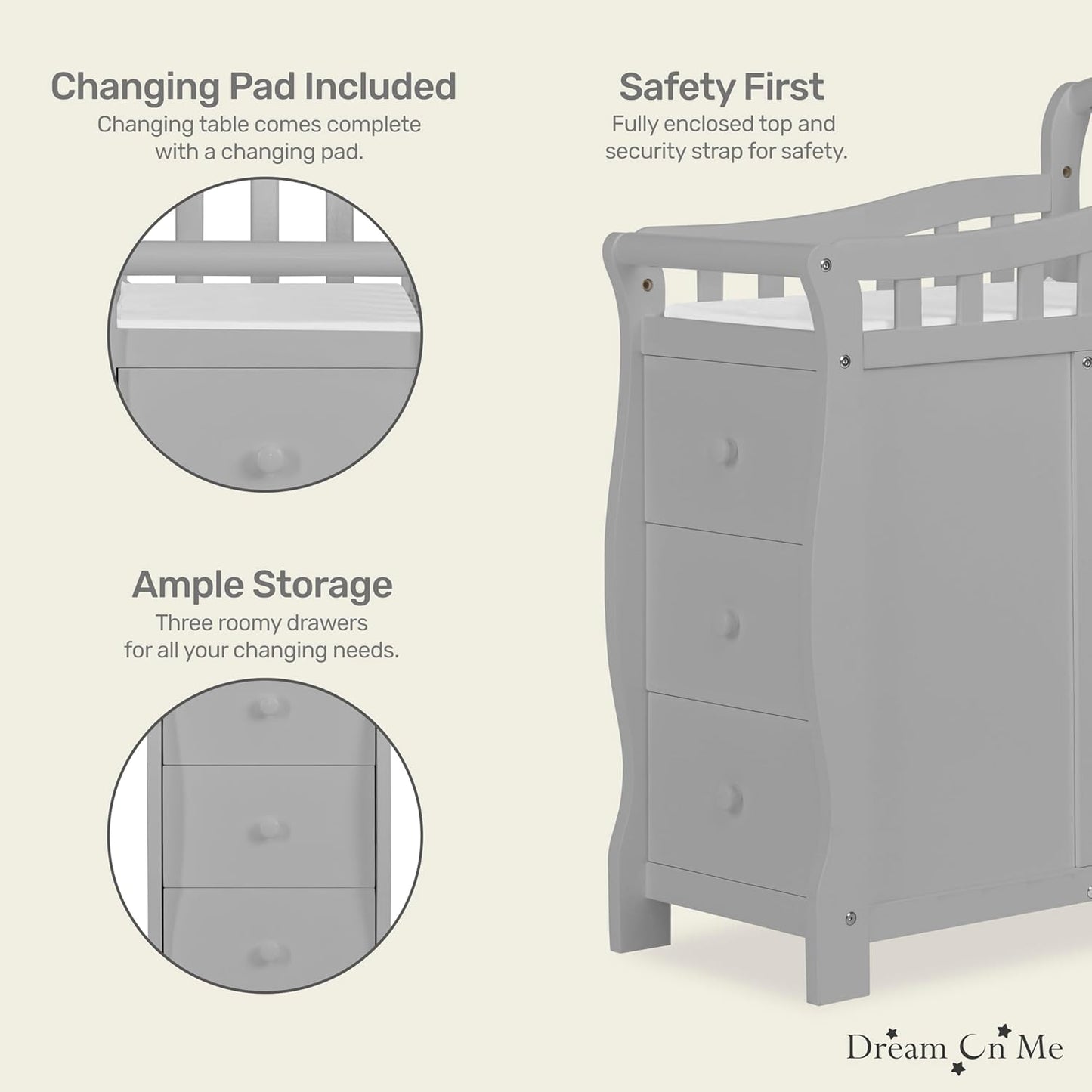 Dream On Me Casco 3-in-1 Mini Convertible Baby Crib & Changer with Storage, Pebble Grey, Pinewood, GreenGuard Gold & JPMA, 1” Mattress Pad, 3 Mattress Heights, Converts to Mini Day & Twin-Size Bed