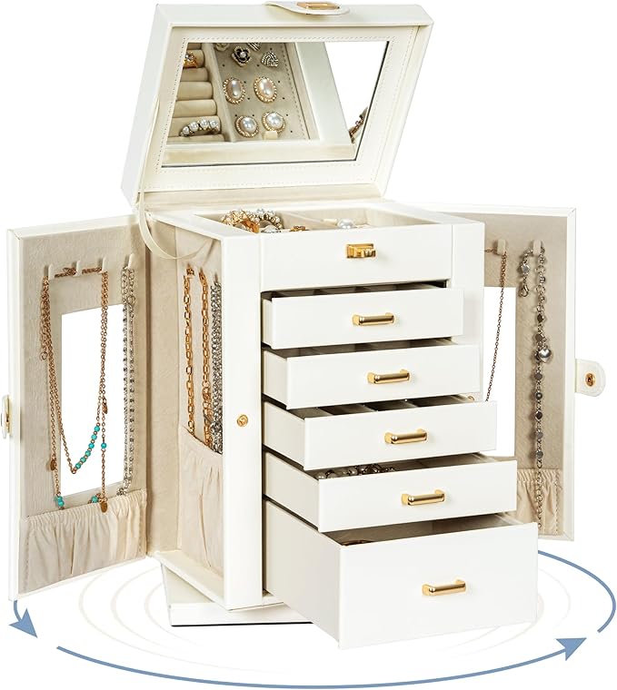 AKOZLIN Jewelry Box 6-Tier Organizer Functional 360° Rotating Jewelry Storage Case for Women Girls Ring Necklace Earring Bracelet Holder with Mirror
