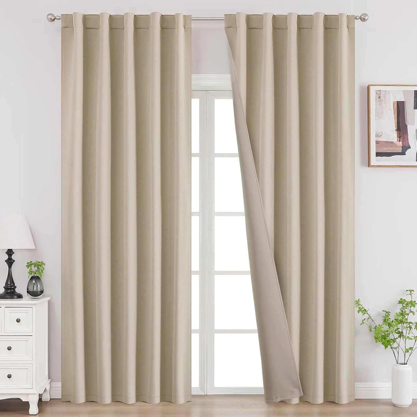 Joydeco 108 Inch Blackout Curtains for Bedroom, Thermal Insulated Black Out Curtains 2 Panels Set, Room Darkening Drapes for Living Room Window Rod Pocket Back Tab (W37 x L108 Inch, Light Beige)