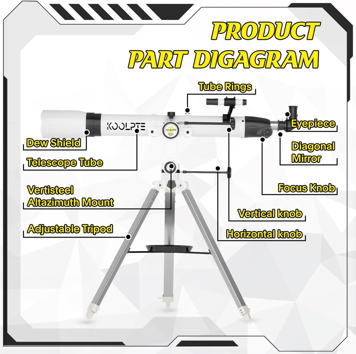 Telescope 90mm Aperture 900mm - Vertisteel AZ Mount Base, High Precision Adjustment, Magnification 45-450x, Wireless Remote, Phone Adapter - Ideal for Astronomy Enthusiasts and Beginners (White)