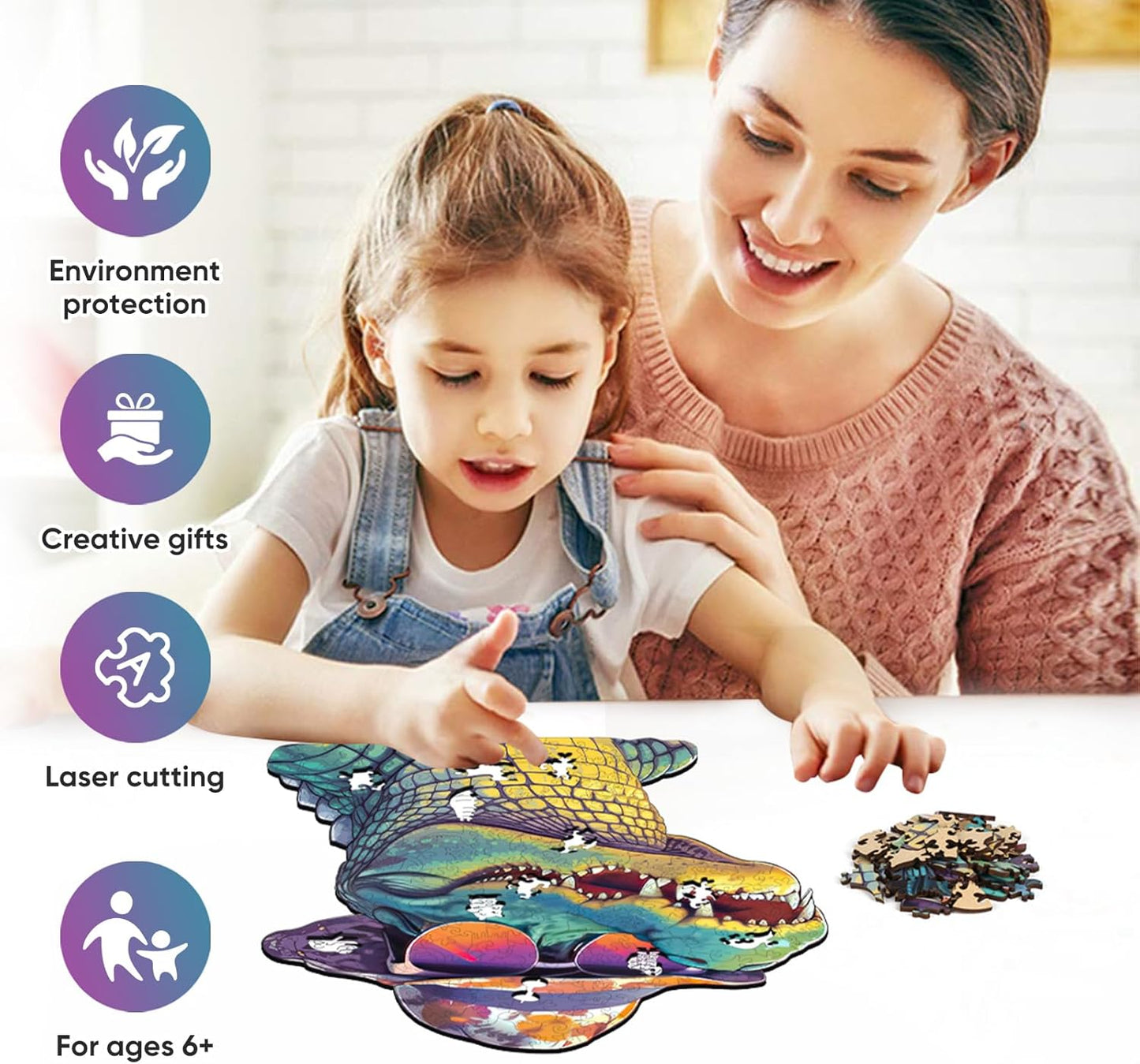 Wooden Puzzles for Adults, Glasses Crocodile Jigsaw Puzzles 200 Pieces Animal Unique Shaped Wood Cut Puzzle Gifts for Adults and Kids, Family Puzzle Games