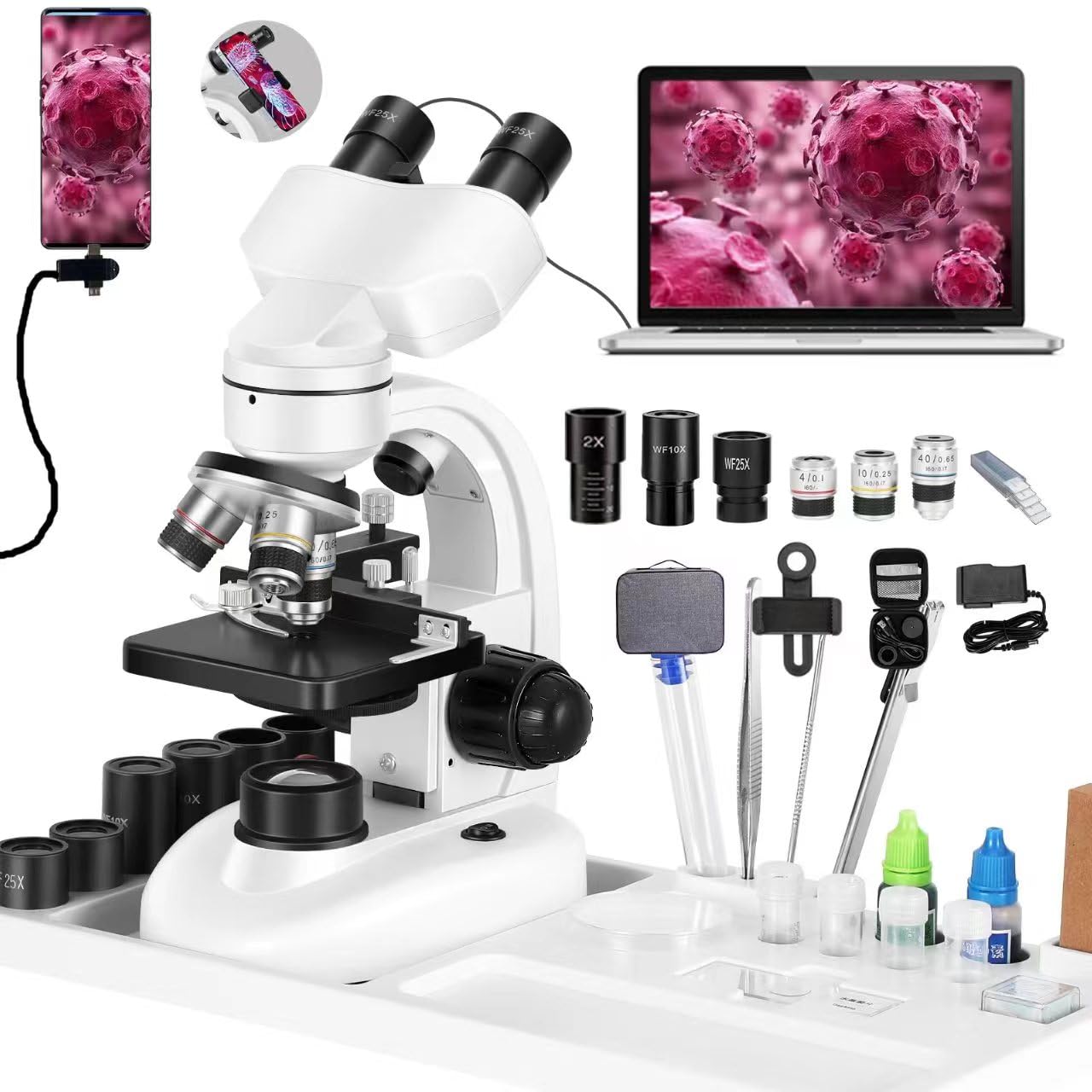 Compound Binocular Microscope, WF10x and WF25x Eyepieces,40X-2000X Magnification, LED Illumination Two-Layer Mechanical Stage…