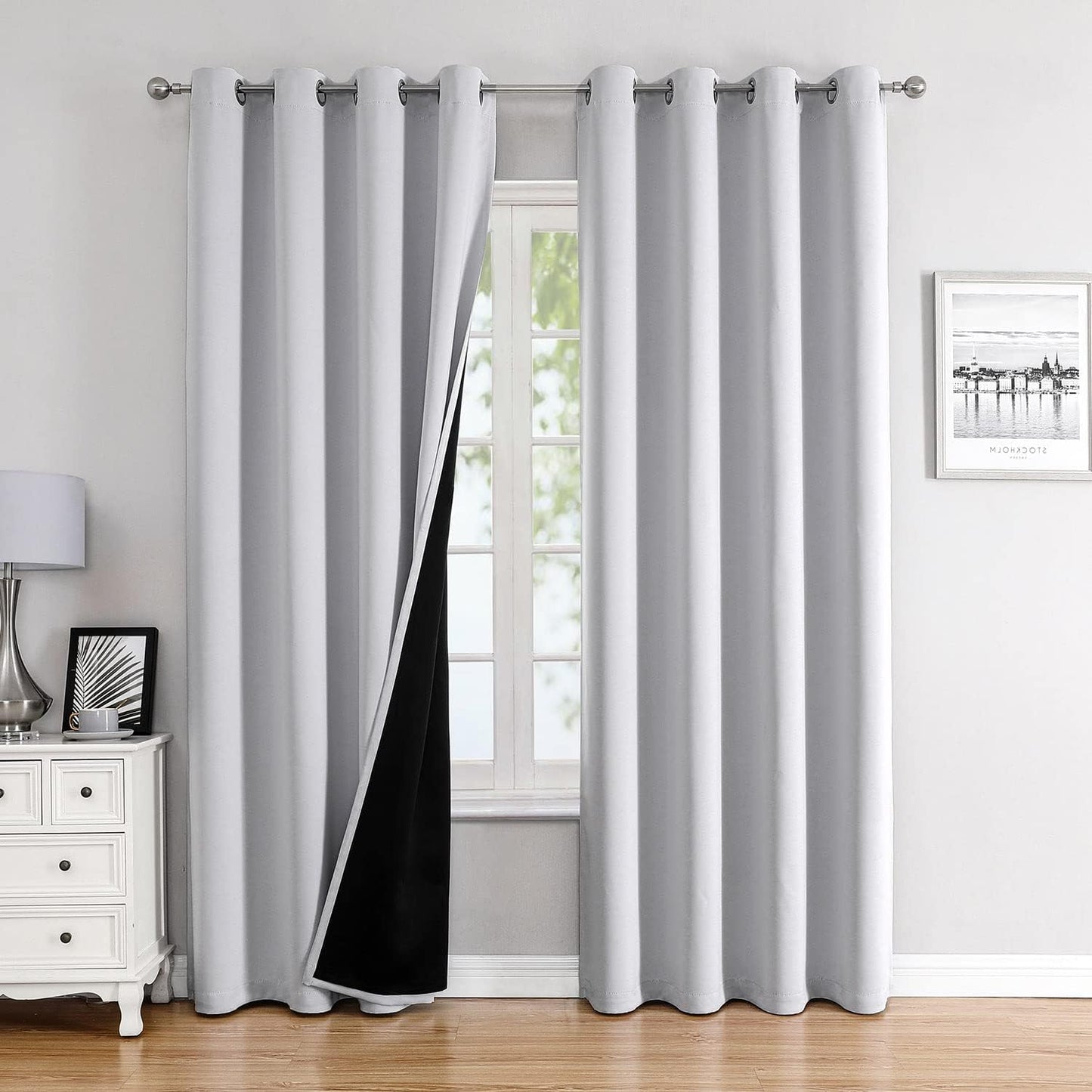 ChrisDowa 100% Blackout Curtains for Bedroom with Black Liner, 2 Thick Layers Total Blackout Thermal Insulated Grommet Window Curtains 2 Panels Set (Greyish White, 52 x 84 Inch)