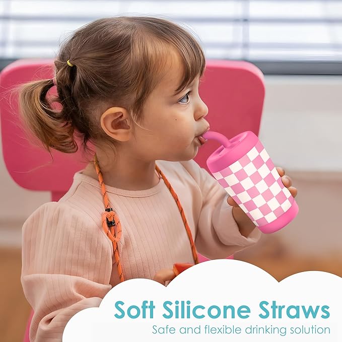 Kid Insulated Stainless Steel Tumbler with Silicone Straw, 12oz Sippy Cup for Kids (Pink Checkerboard)