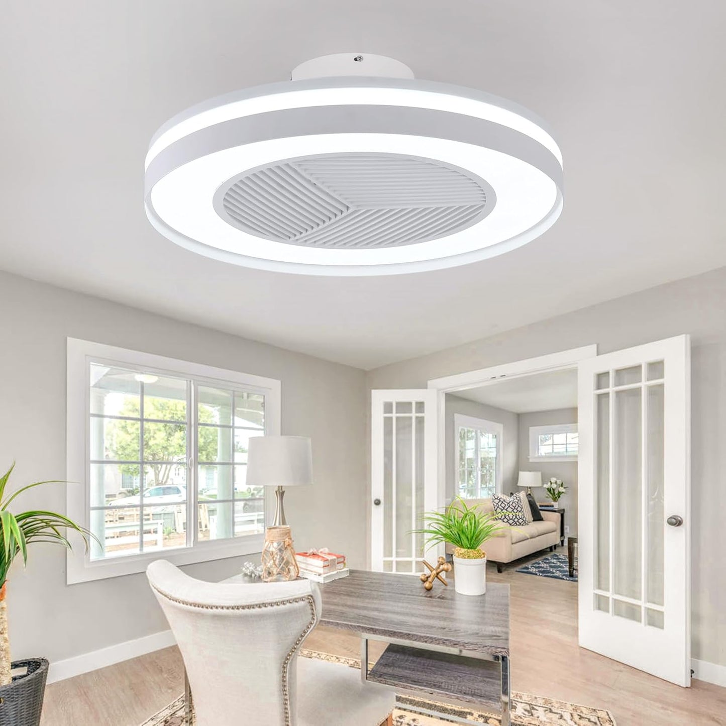 Smart Low Profle Ceiling Fans with RGB Lights Remote/APP/Voice Control, 20" Bladeless Ceiling Fans with 6 Speeds, Timer, Quiet DC Motor, Ceiling Fan with Light for Kids Bedroom/Living Room