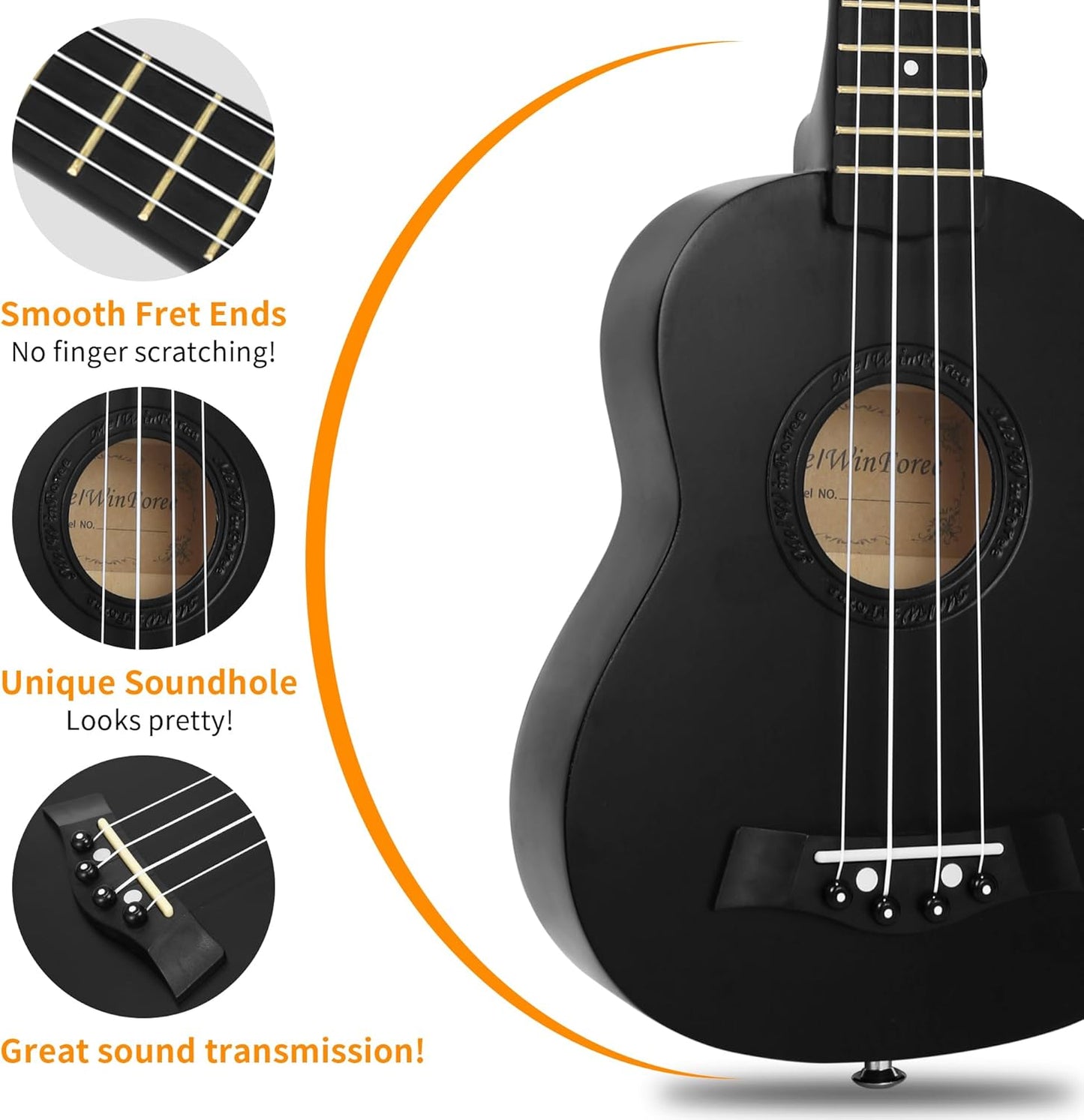 Ukulele 21" - Beginner Soprano Ukulele for Kids, Tenor and Concert Ukuleles, Left-Handed Friendly - Perfect Beginner Ukulele (Black)
