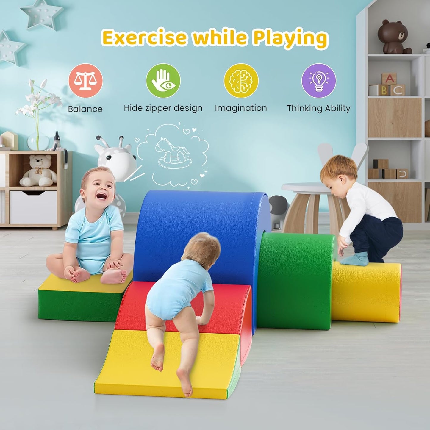Lischwert Foam Climbing Blocks, Soft Climbing Toys for Toddlers, 5 Pieces Crawl and Climb Foam Playset with Foldable Block and Tunnel, Indoor Climber Activity Play Set for Kids Age 1+(Colorful)