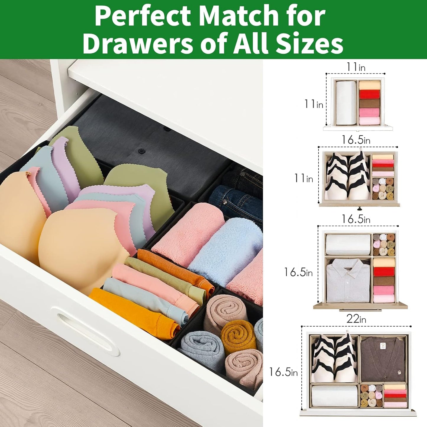 Drawer Organizer Clothes, 8 Pack Underwear Drawer Organizer, Foldable Cloth Storage Box Closet Organizers and Storage for Clothes, Socks, Scarves, Ties (Black)