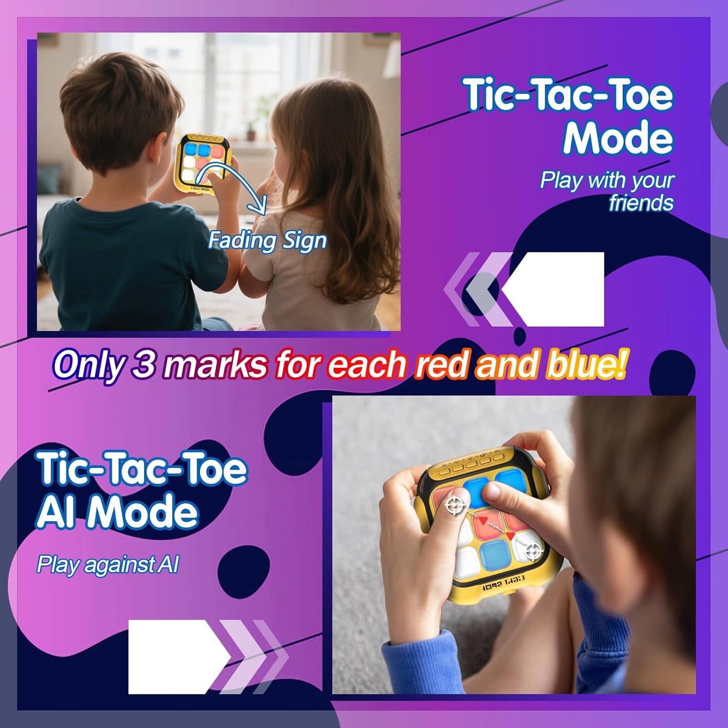 Tic Tac Toe Electronic Handheld Puzzle Game Console Fidget Toys w/ 7 Game Modes, Portable Fast and Fun Car Travel Press Games for Kids Adults, Ideal Xmas Birthday Gifts for Ages 3+ (Yellow)