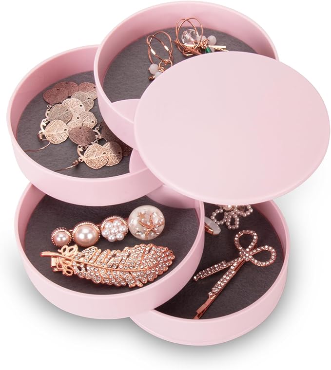 CONBOLA Jewelry Organizer, Small Jewelry Storage Box Earring Holder for Women, 4-Layer Rotating Travel Jewelry Tray Case with Lid for Bracelets Rings Bracelets, Gift for Women Teen Girls