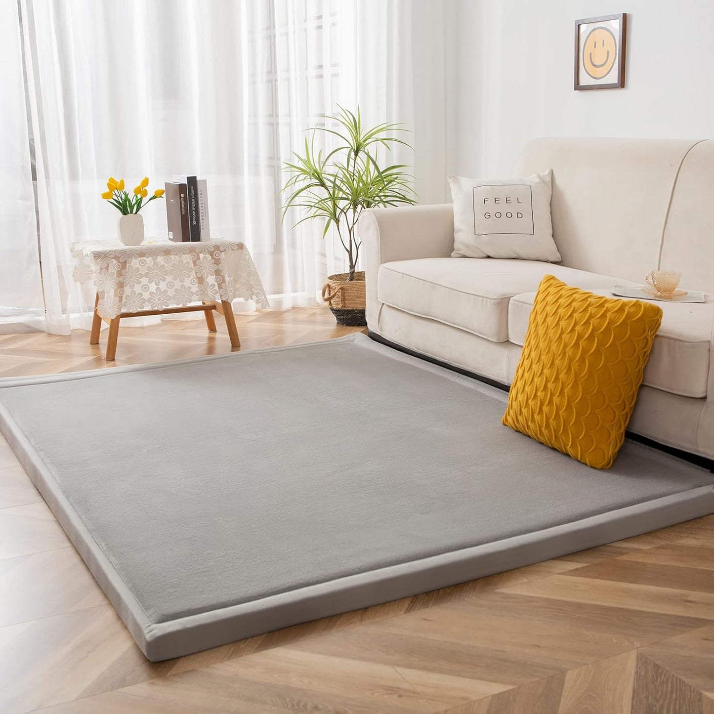 MAXYOYO Grey Coral Velvet Area Rug, Thick Japanese Tatami Mat Living Room Carpet with Non-Slip Backing, Large Solid Color Mat for Bedroom Dormitory Yoga, 78 by 78 inch