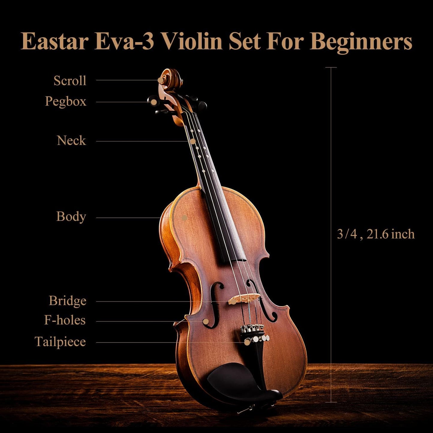Eastar 3/4 Violin Set Fiddle EVA-3 Matte fo Beginners with Hard Case, Rosin, Shoulder Rest, Bow, and Extra Strings (Imprinted Finger Guide on Fingerboard)