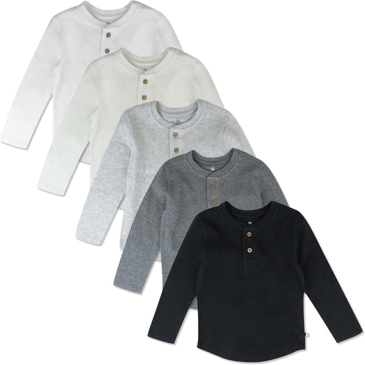 HonestBaby 5-pack Waffle Henley Long Sleeve Shirts 100% Organic Cotton for Infant Baby and Toddler Boys, Unisex