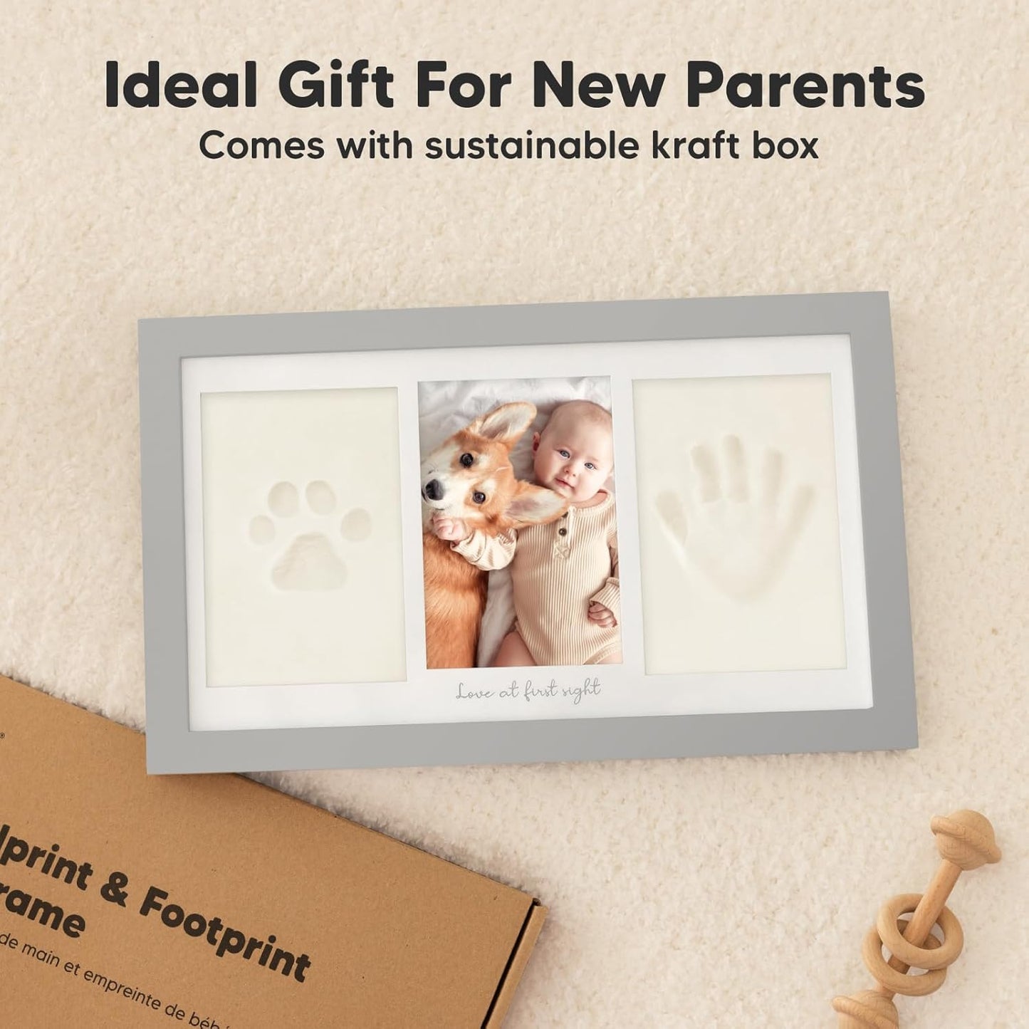 Baby Hand and Footprint Kit - Clay Handprint Keepsake Frame, Newborn Nursery Picture Frame, Personalized New Mom Gifts for Baby Shower & Registry (Cloud Gray)