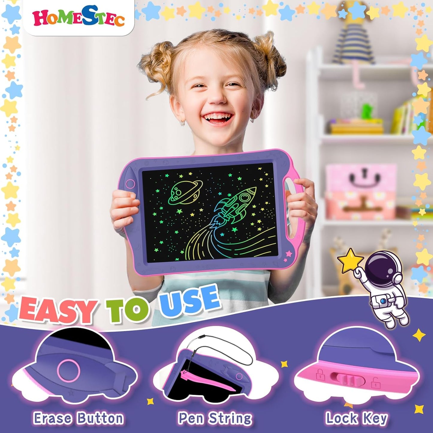 Astrodraw Drawing Pad Toys, Colorful LCD Writing Tablet for Kids, Doodle Board for Toddlers 3 4 5 6 Years Old, Travel Sensory Space Toy for Boys Girls, Birthday Gift Idea (Purple/Pink)