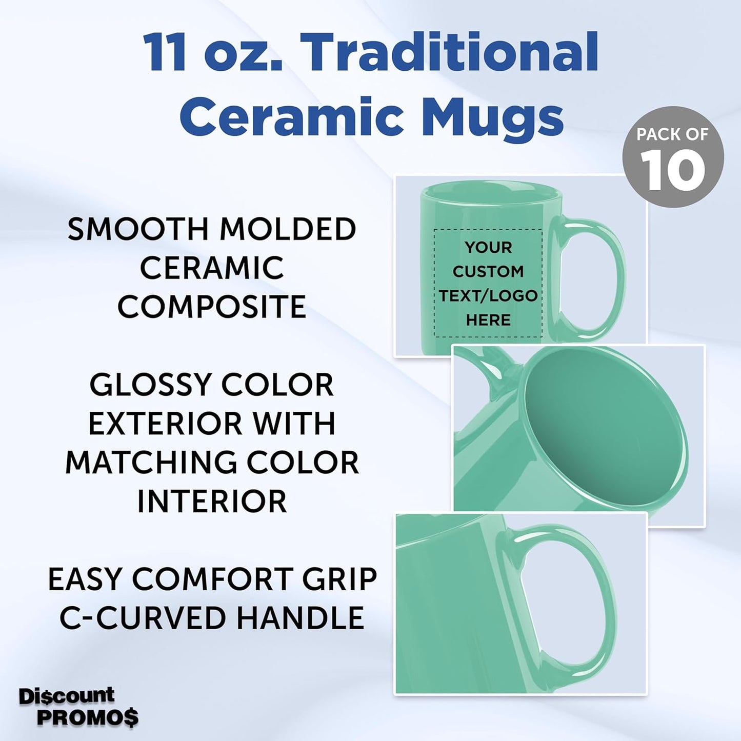 Custom Ceramic Coffee Mugs 11 oz. Set of 10, Personalized Bulk Pack - Coffee cup set, Iced coffee cup, Gaming mug - Tiffany Teal