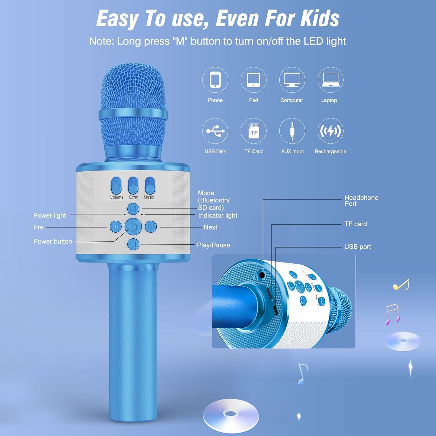BONAOK Karaoke Microphone for Kids & Adults - Bluetooth Microphones Singing Mic with Disco Lights, Echo Effect, Built-in Speaker Portable Karaoke Player for Party Travel Gifts Q78(Blue)