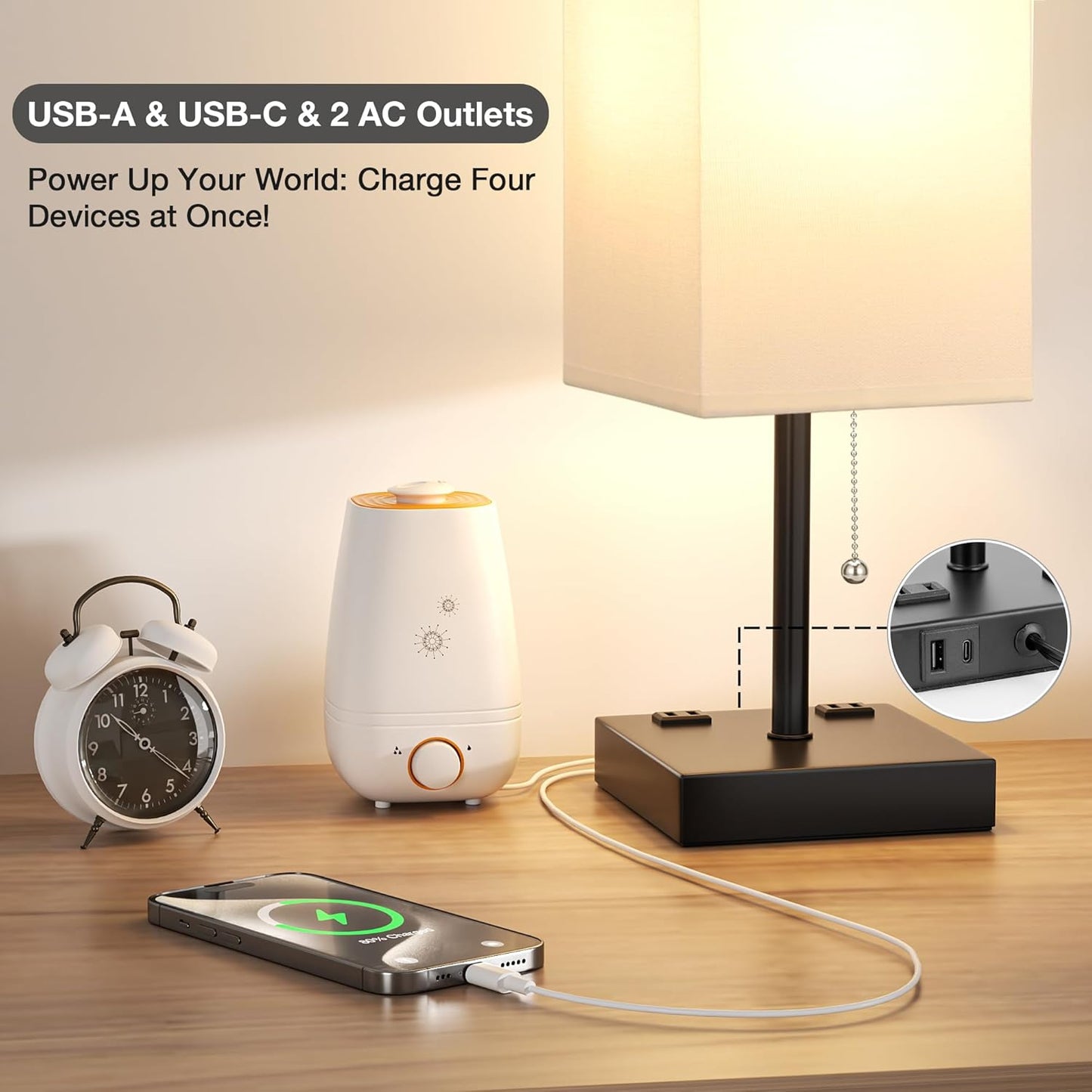 aooshine White Table Lamp for Bedside - 3 Color Temperature 3000K 5000K 4000K Bedroom Lamp, Pull Chain Control, USB A and C Ports, AC Outlets, Bulb Included, Medium