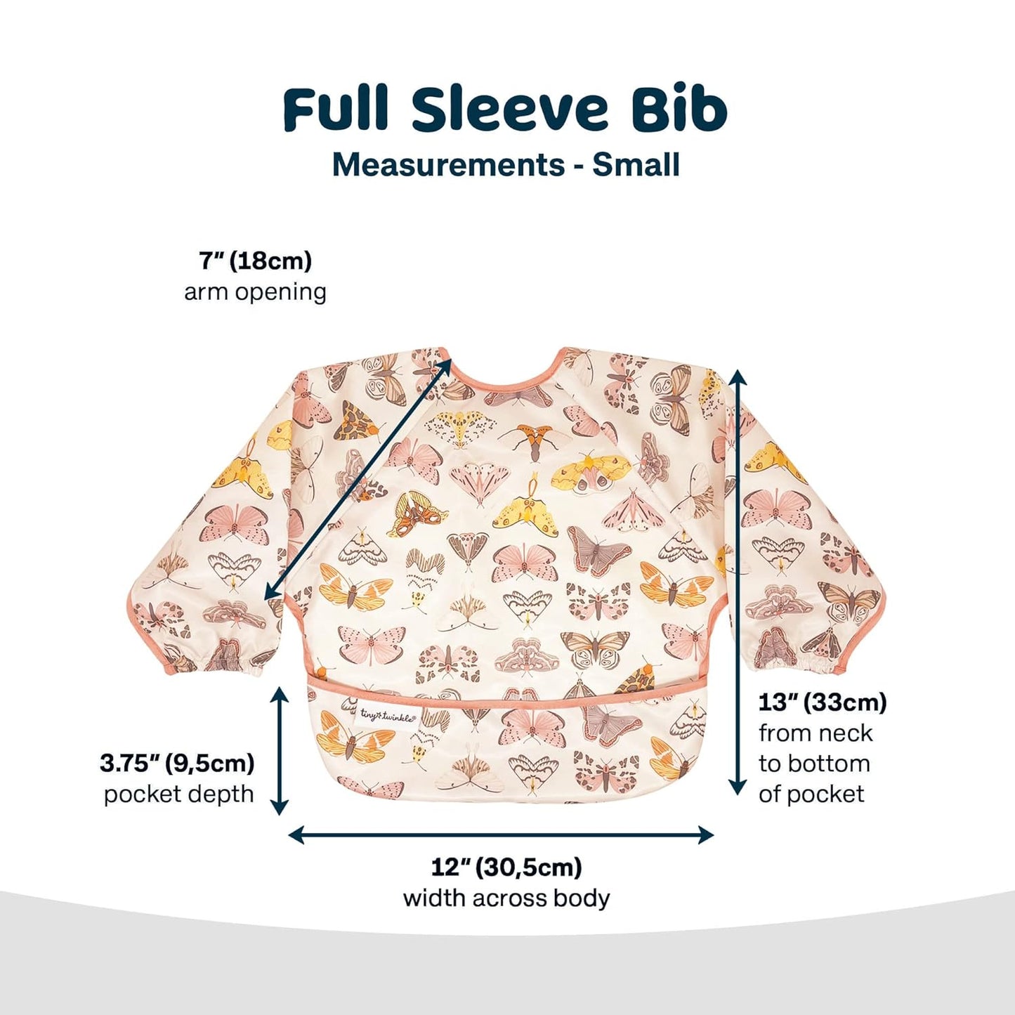 Tiny Twinkle Mess Proof Baby Bib,Waterproof Smock Baby Bib for Eating,Machine Washable Long Sleeve Bib,Baby Led Weaning,Toddler Bib,BLW Supplies(Flutter, Small 6-24 Months)