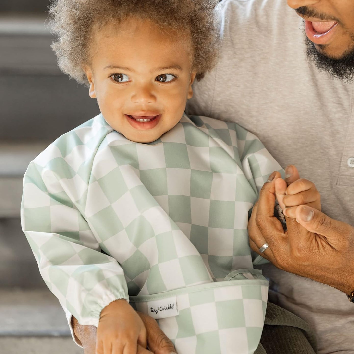Tiny Twinkle Mess Proof Baby Bib,Waterproof Smock Baby Bib for Eating,Machine Washable Long Sleeve Bib,Baby Led Weaning,Toddler Bib (Checkers Sage, Large 2-4 Years)