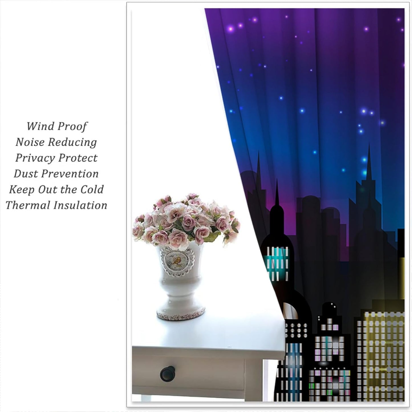 Superhero Rod Pocket Blackout Curtains for Boy Girl Bedroom, Super City Skyline Buildings Night Panorama Thermal Insulated Home Window Drapes for Living Room Darkening, 55x63 inch