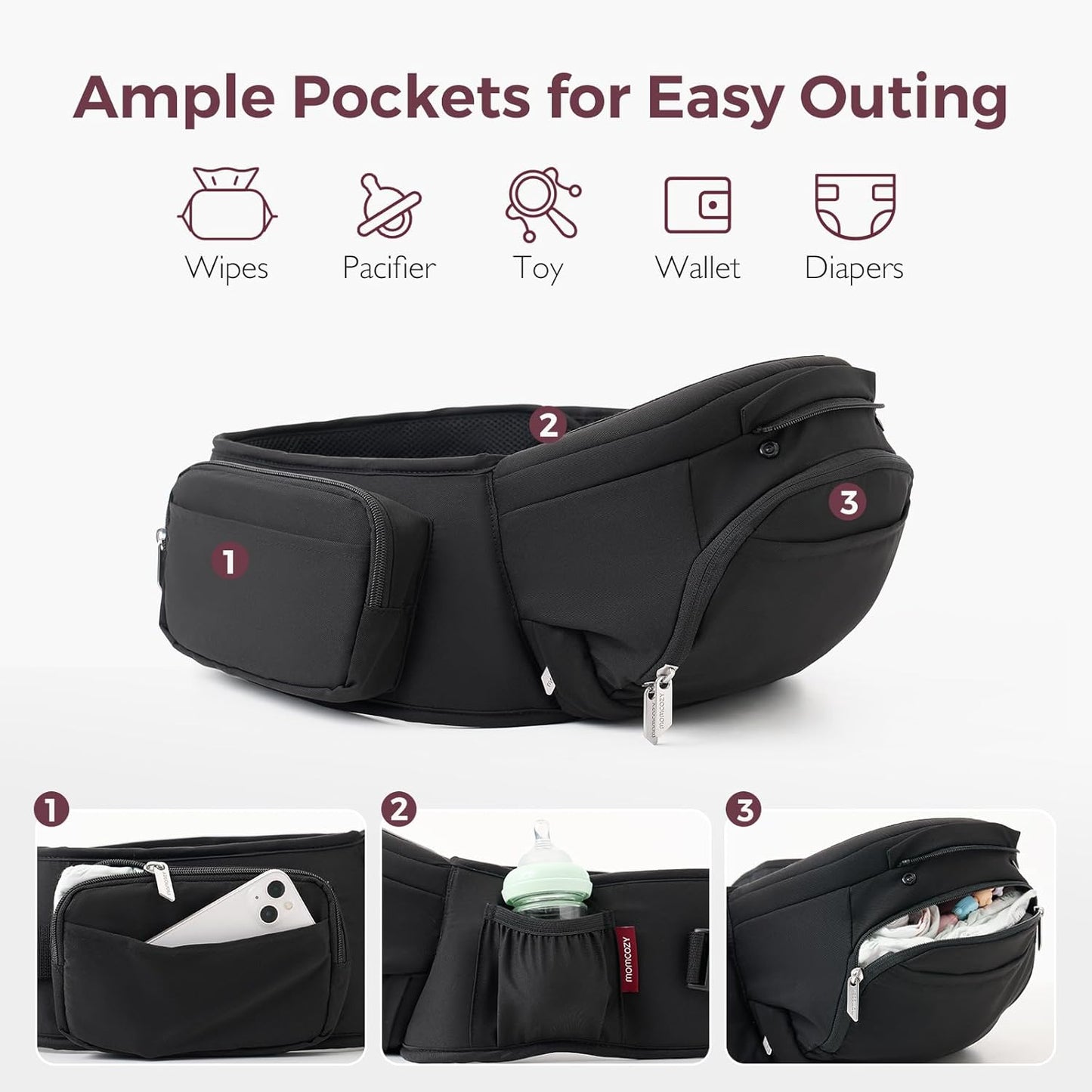 Momcozy Baby Carrier with Hip Seat, 2-in-1 Forward-Facing Carry for Active Babies, Detachable Hands-Free Infant Carrier up to 44lbs, All Seasons Toddler Carrier Fits Waist Sizes up to 45 Inches, Black