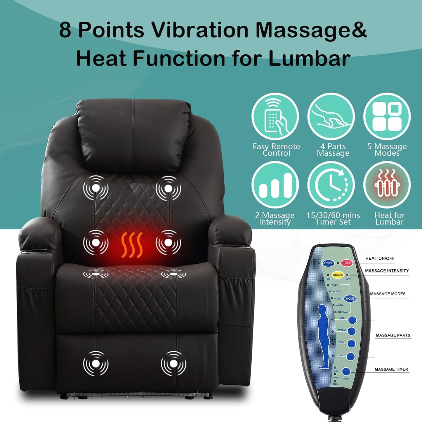 Power Recliner Chair with Heat and Massage for Adults - Home Theater Seating with LED Lights,Cup Holders,Side Pocket,USB Port - Recliner Sofa for Living Room(Brown, Single Recliner)