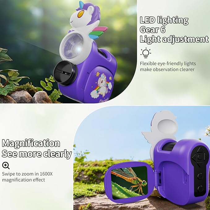 1600X Handheld Microscope for Kids 2" IPS Screen Kit Mini Pocket Digital Microscopes STEM Science with Slides Photo Video Rechargeable Portable Scope Gift for Ages 6-12 (Purple)