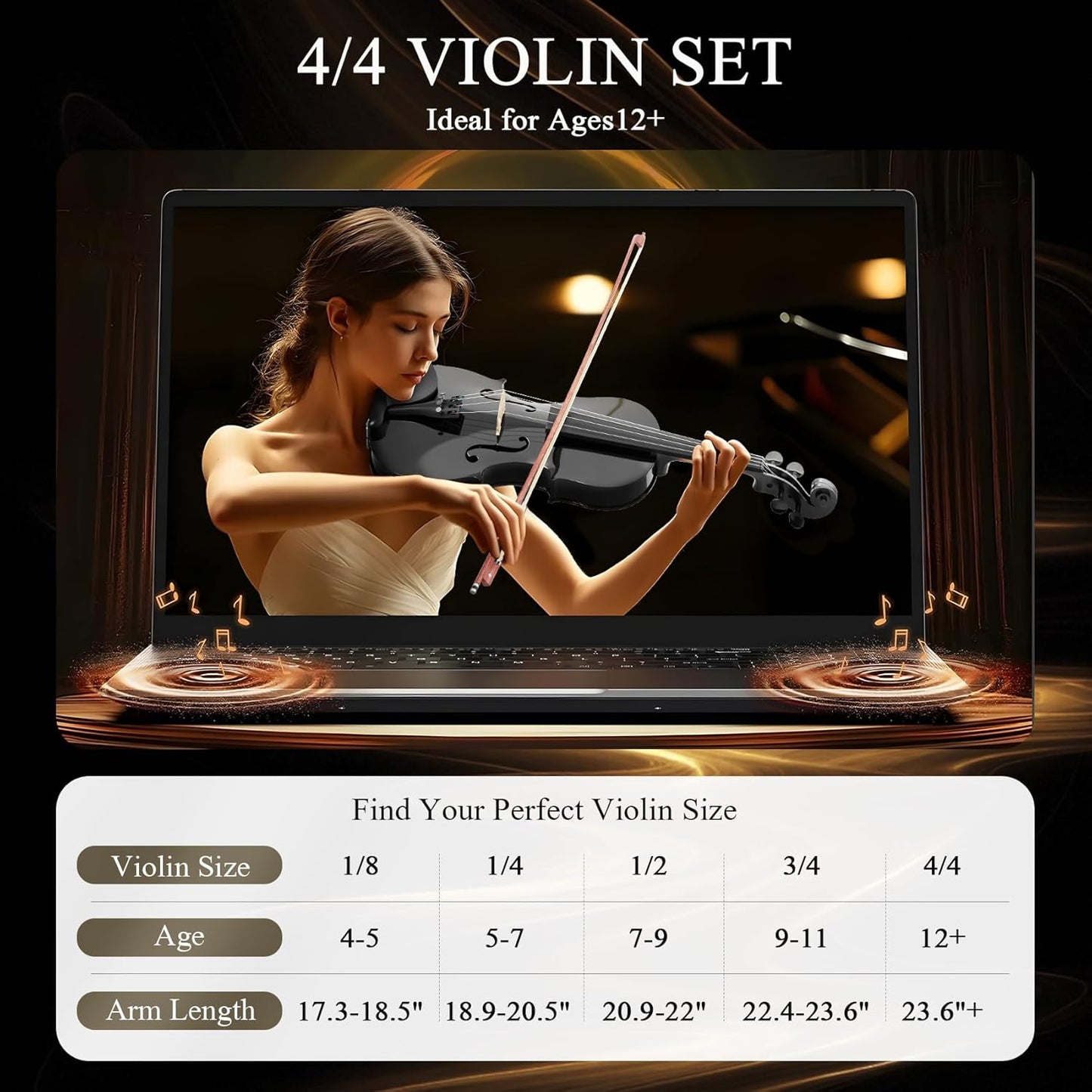Beginner Violin 4/4, Full Size Violin for Adults, Teens, Student, Acoustic Fiddle Kit with Hard Case, Bow, Rosin, Bridge, Learners Age 12+ (Black)