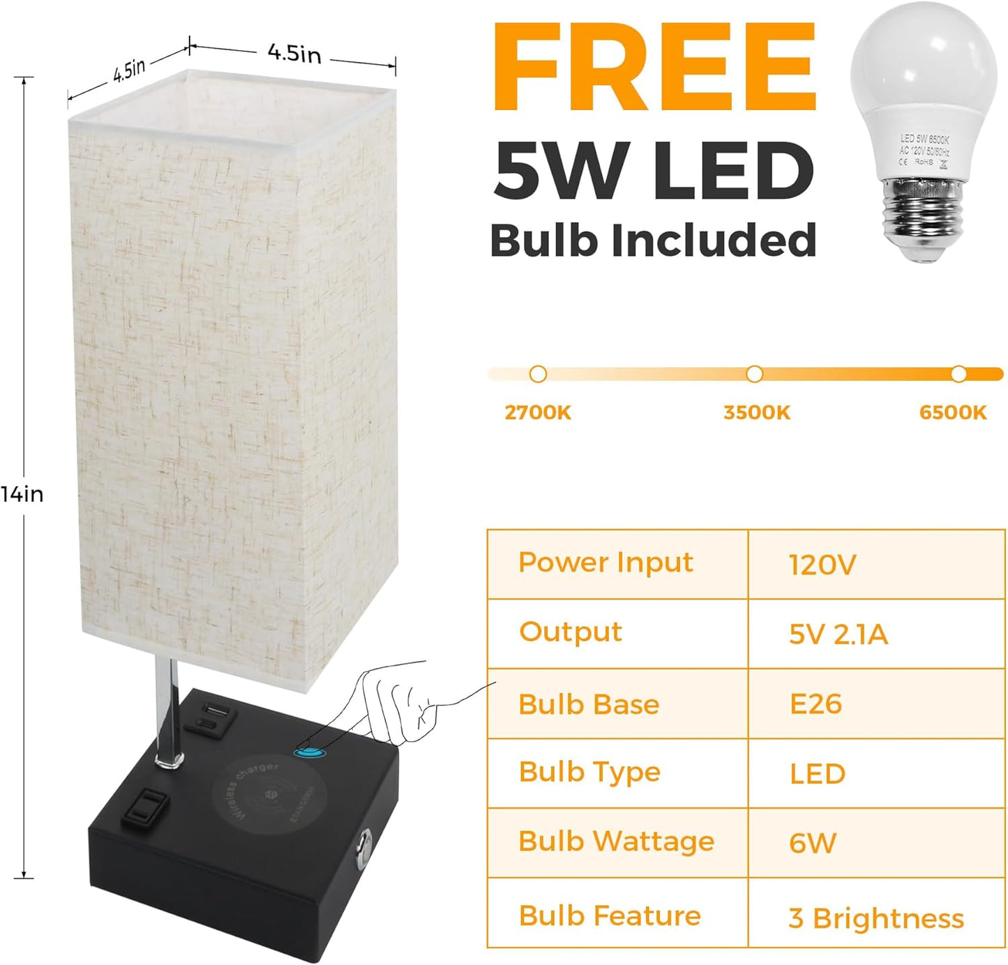 Wireless Charging Touch Control Table Lamp, Bedside Nightstand Lamp with USB Charging Port & AC Outlet, 3 Brightness Levels Adjustable, Suitable for Bedroom, Living Room, Office, LED Bulb Included