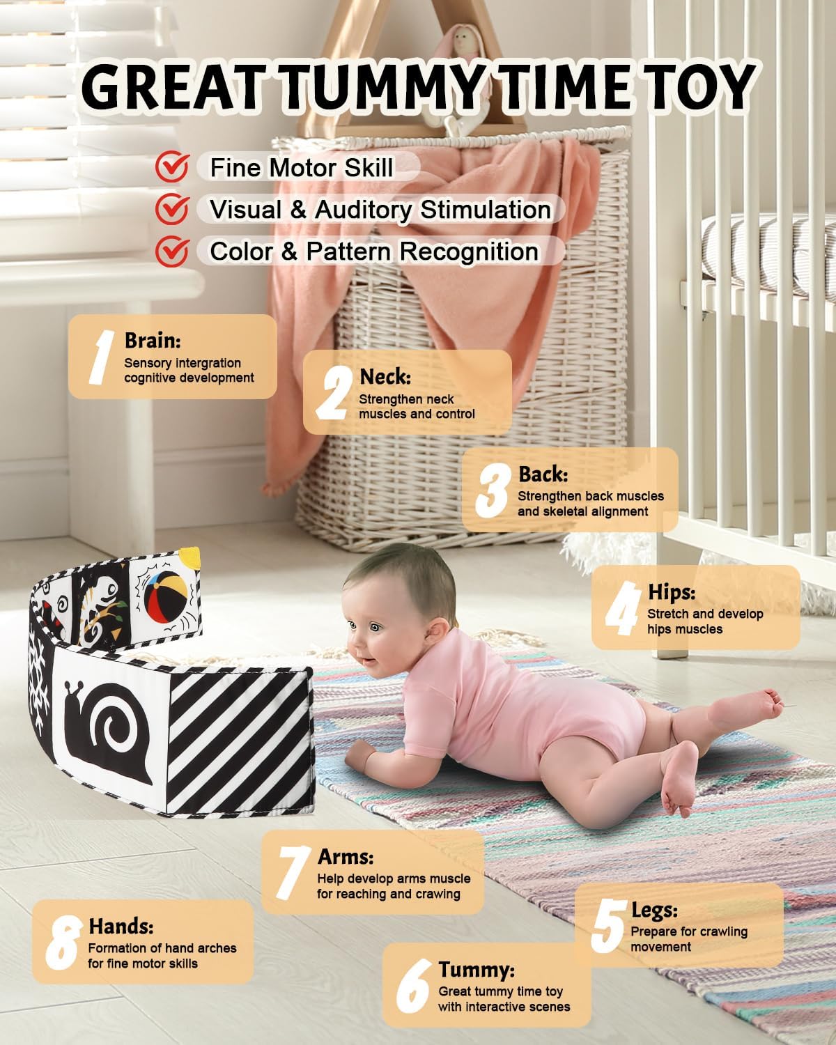 Tummy Time Toys, High Contrast Baby Book with Mirror & Teether, Black and White Infant Books, 0-6-12 Months Soft Book for Newborn, Sensory Books, Tummy Time Car Seat Toys 0-6 Month Boy Girl Gift